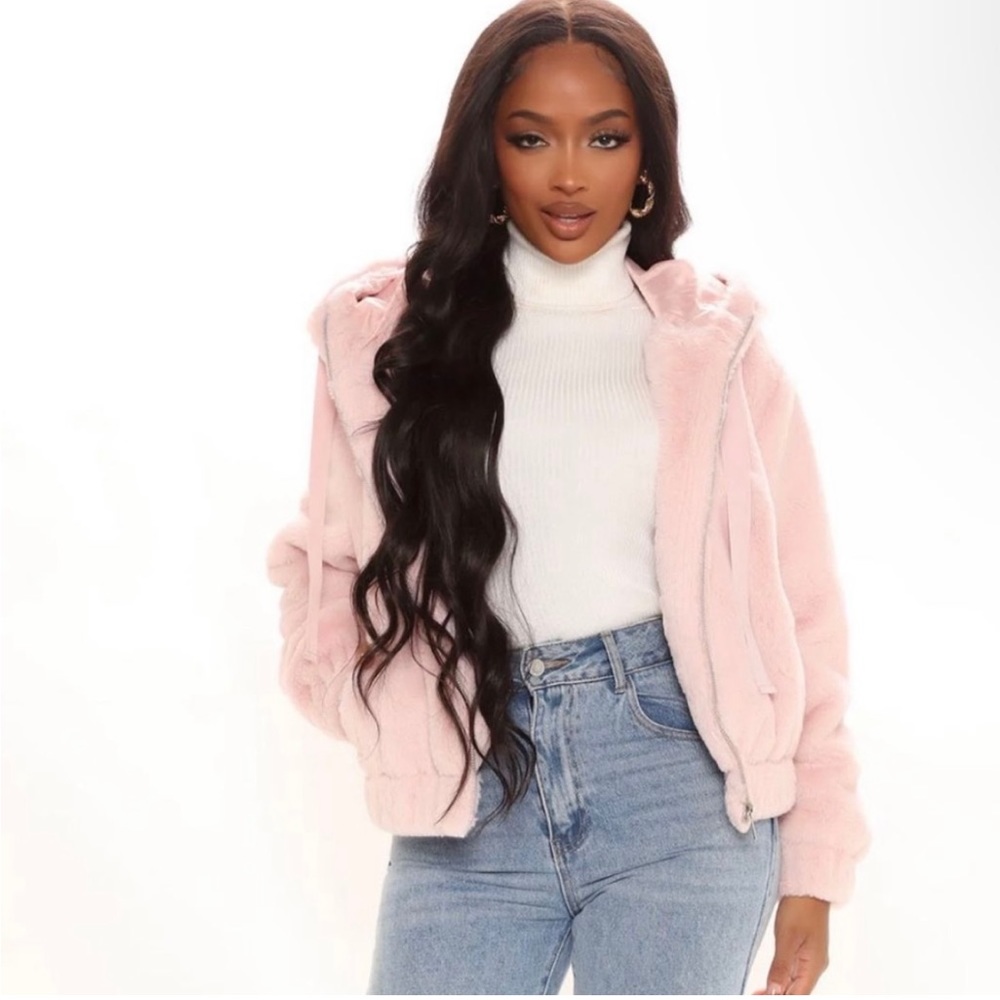 pink faux fur bomber jacket